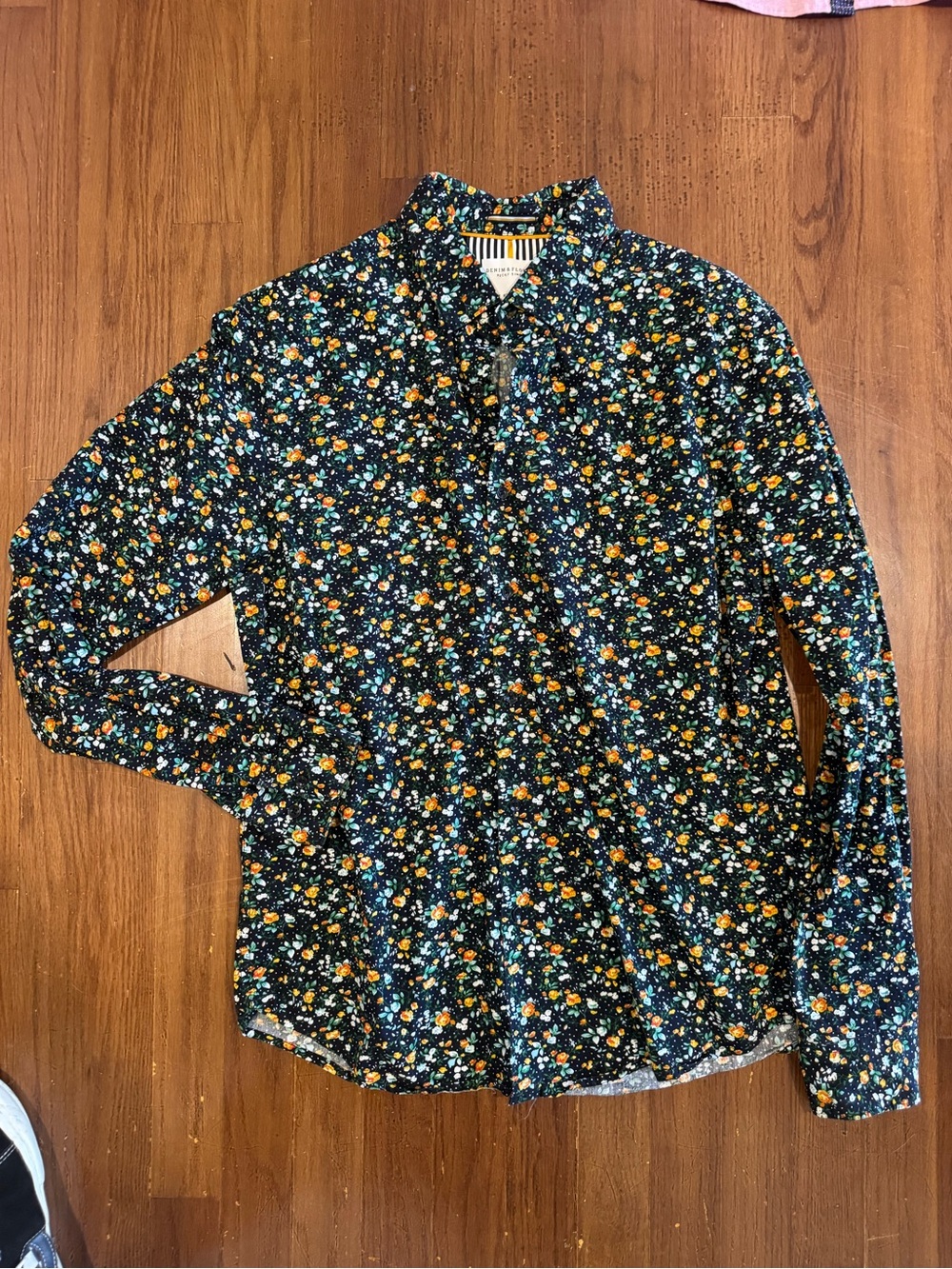Denim & Flower Black Floral Button-Down Shirt with Orange Accents